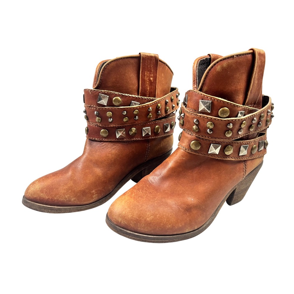 Corral Tan Leather Studded Harness Ankle Boots Womens 7.5 M Western Moto P5042